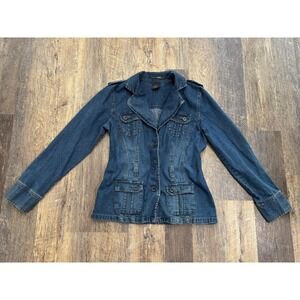 French Cuff Women Medium Wash Denim Blazer Jacket Utility 4-Pocket Cotton Size M